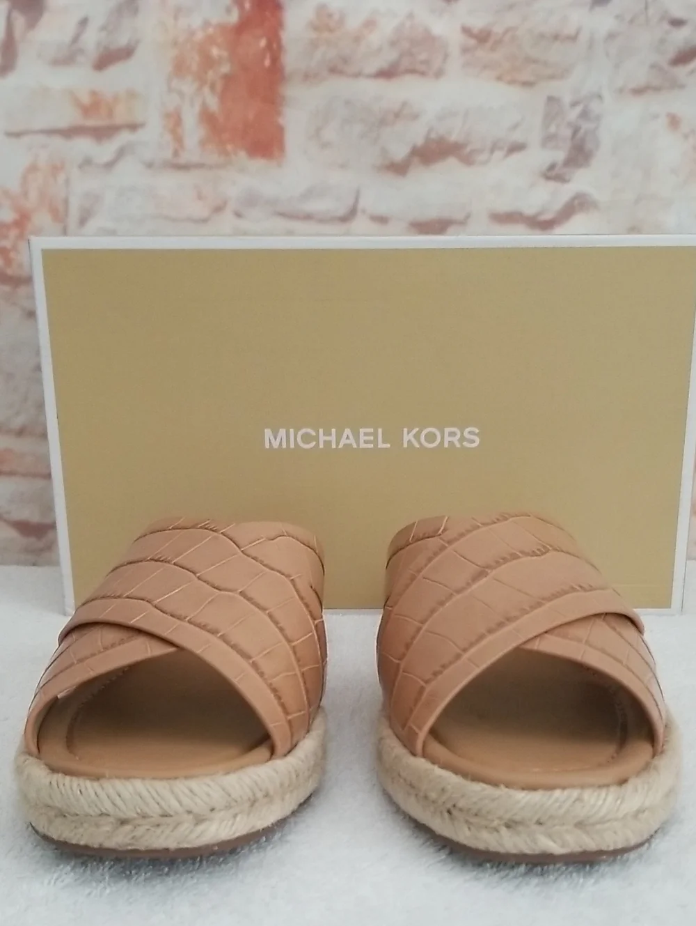 Michael Kors Tan Croc-Embossed Slide Sandals